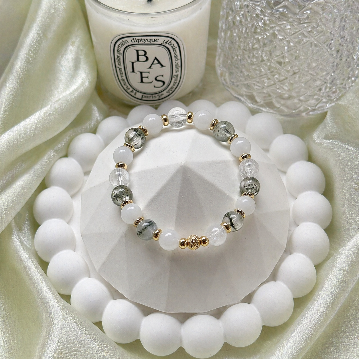 [WS: 14.5-15cm] CHERISHED in Green Phantom Quartz, White Jade & Crackled Quartz