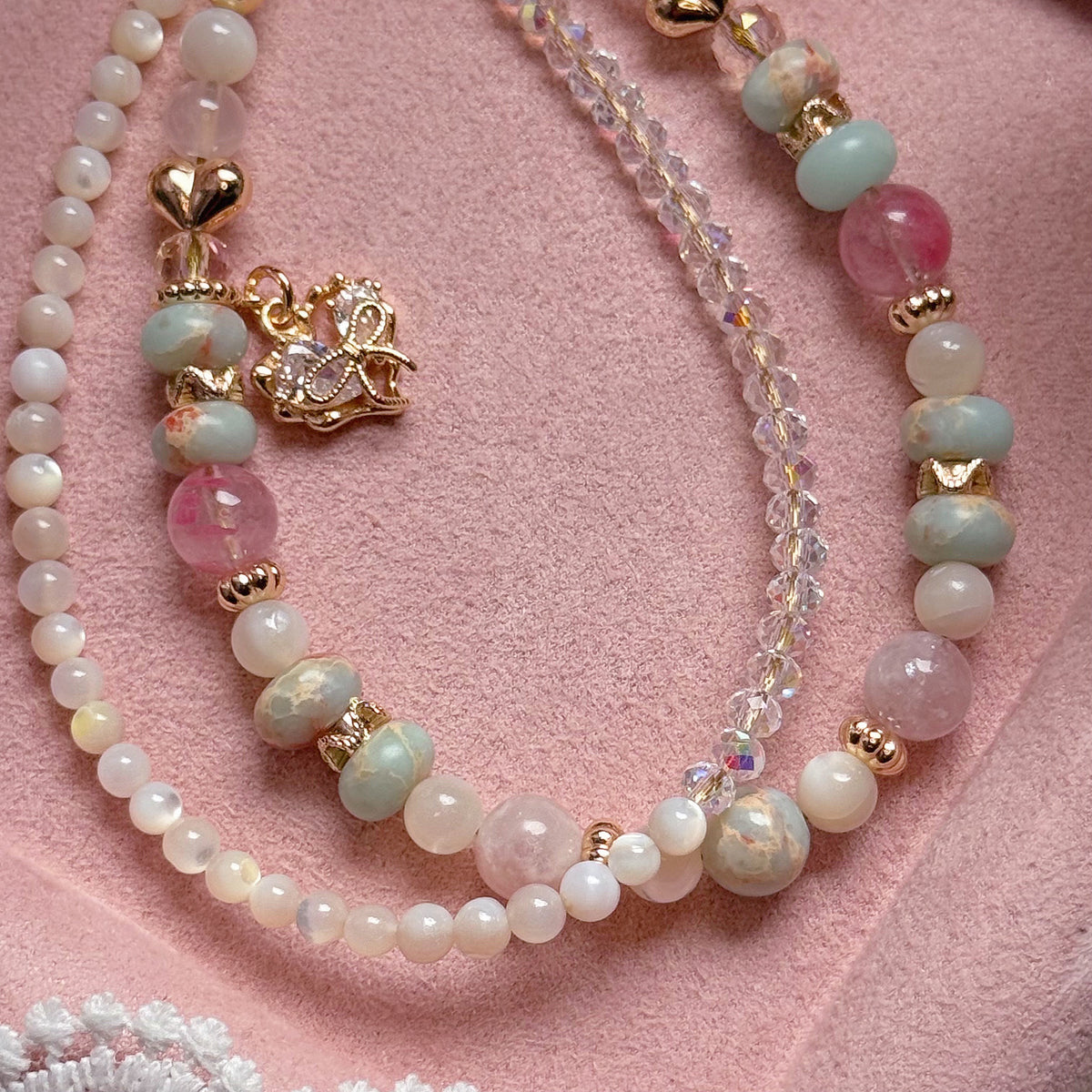 [Mini: 12cm] SWEETHEART in Aqua Terra Jasper, Sakura Rhodonite, Pink Lepidolite, Rose Quartz & Mother of Pearl