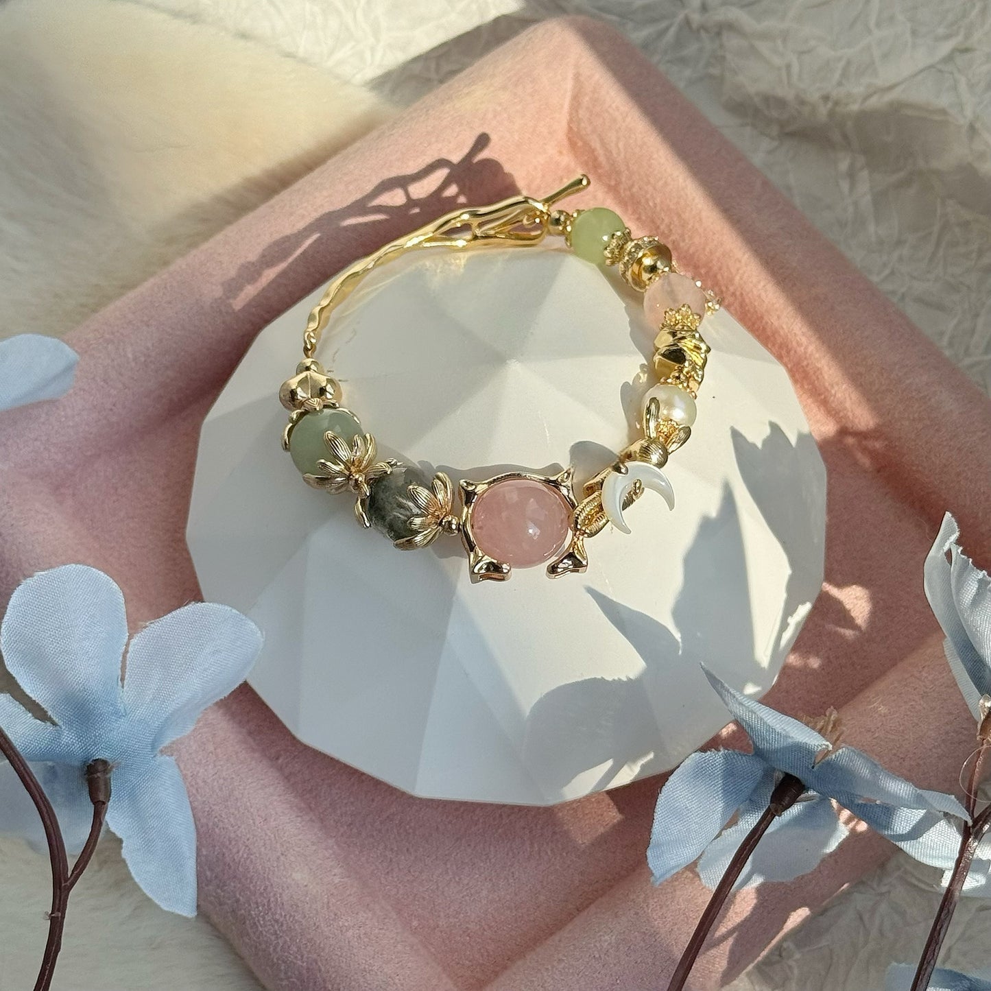 Bunny Eclipse in Rose Quartz, Green Phantom Quartz, Green Chalcedony, Freshwater Pearl, Mother of Pearl [WS: 14cm or 15cm]