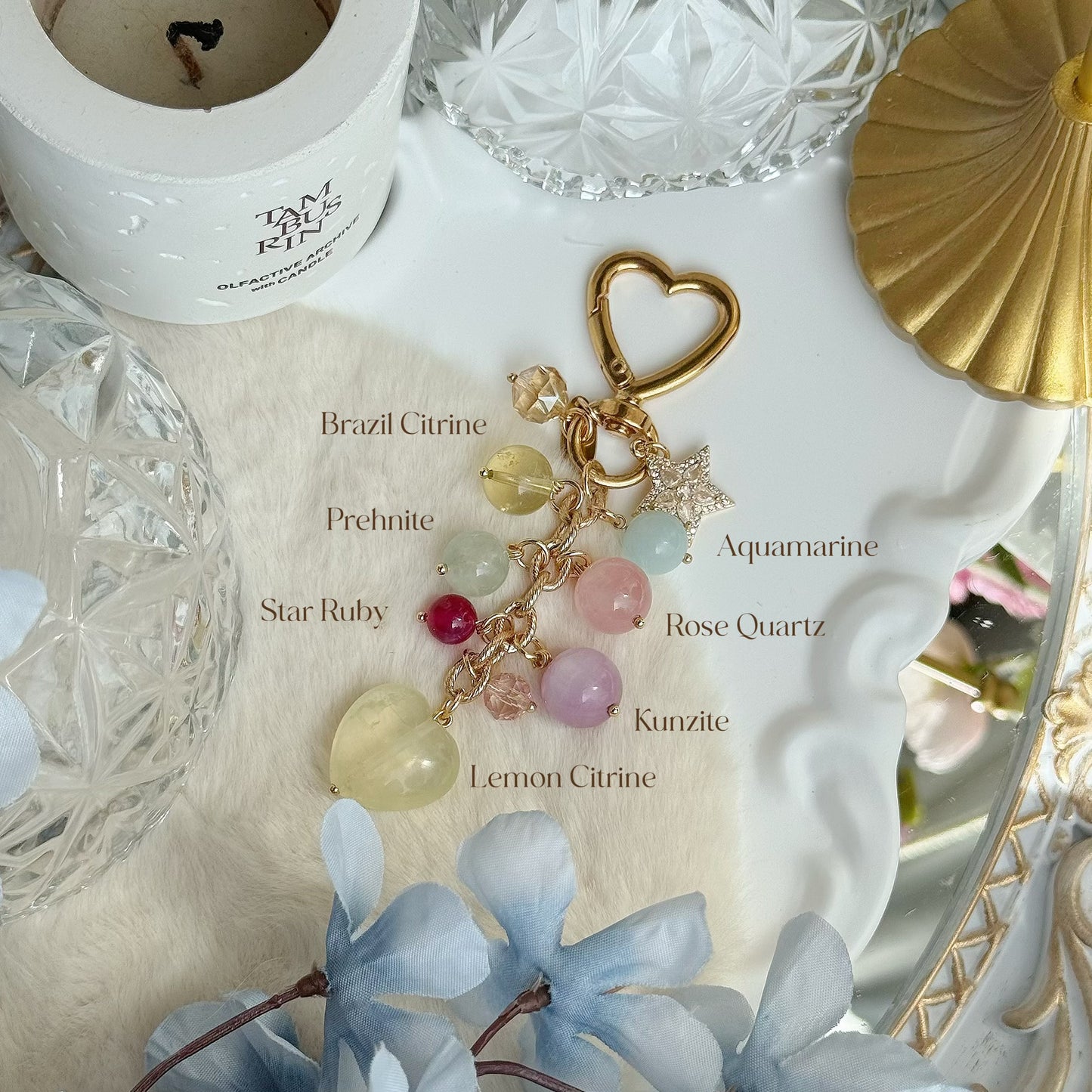 Pastel Heartfall Dangles in Lemon Citrine, Aquamarine, Brazil Citrine, Rose Quartz, Kunzite, Prehnite & Star Ruby