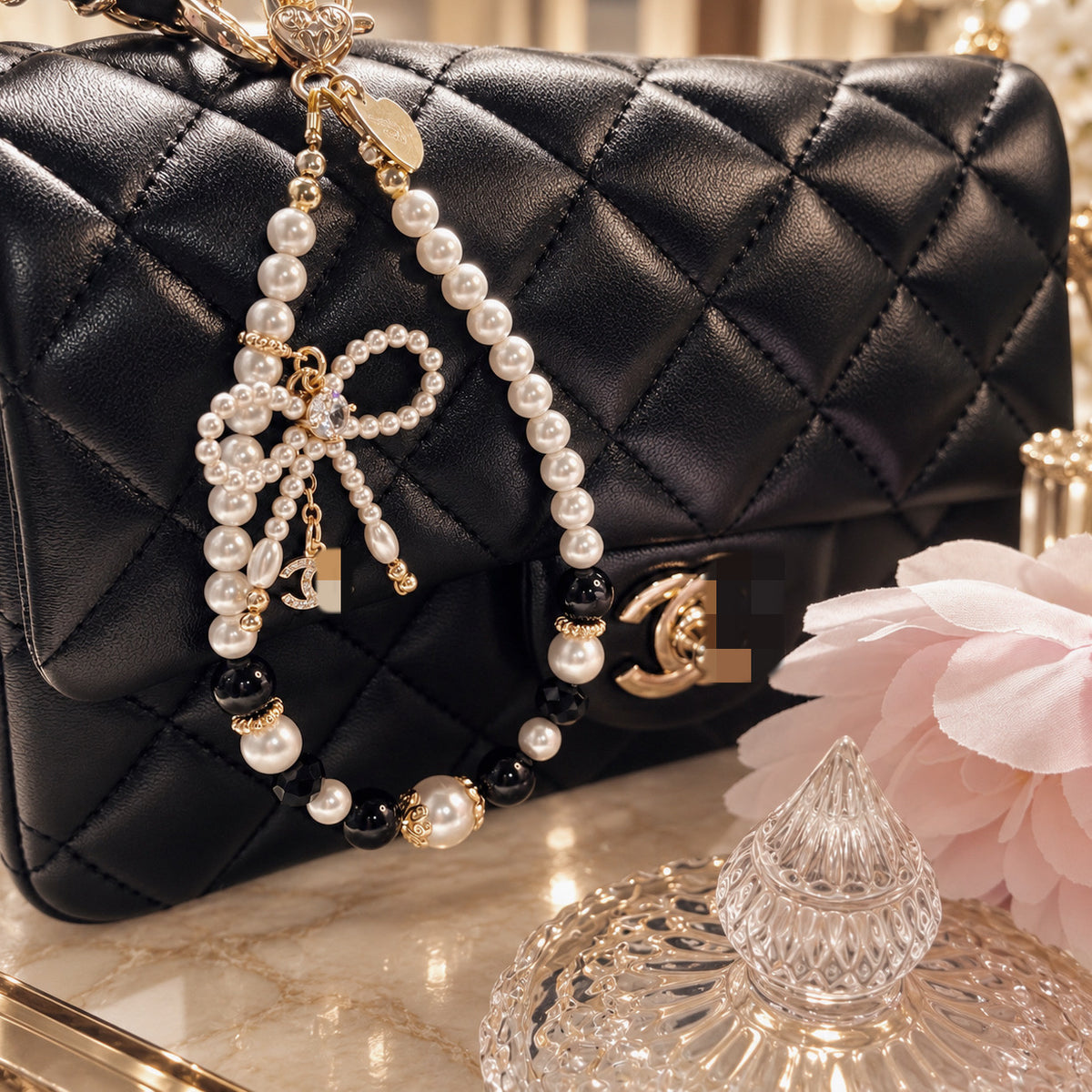 [Mini: 13cm] COCO Bow in Black Tourmaline & White Faux Pearls