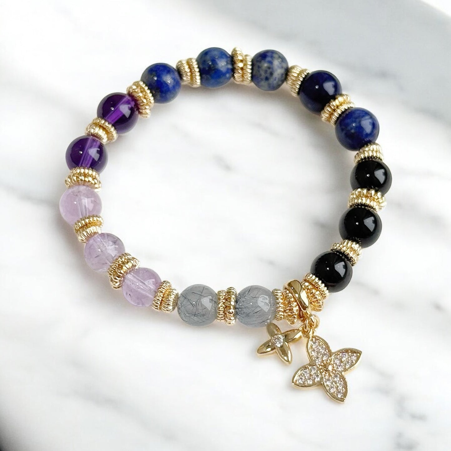 LIORA in Grey Rutile Quartz, Lavender Amethyst, Uruguay Amethyst, Lapis Lazuli, Sodalite &  Black Tourmaline [Wrist:15cm]