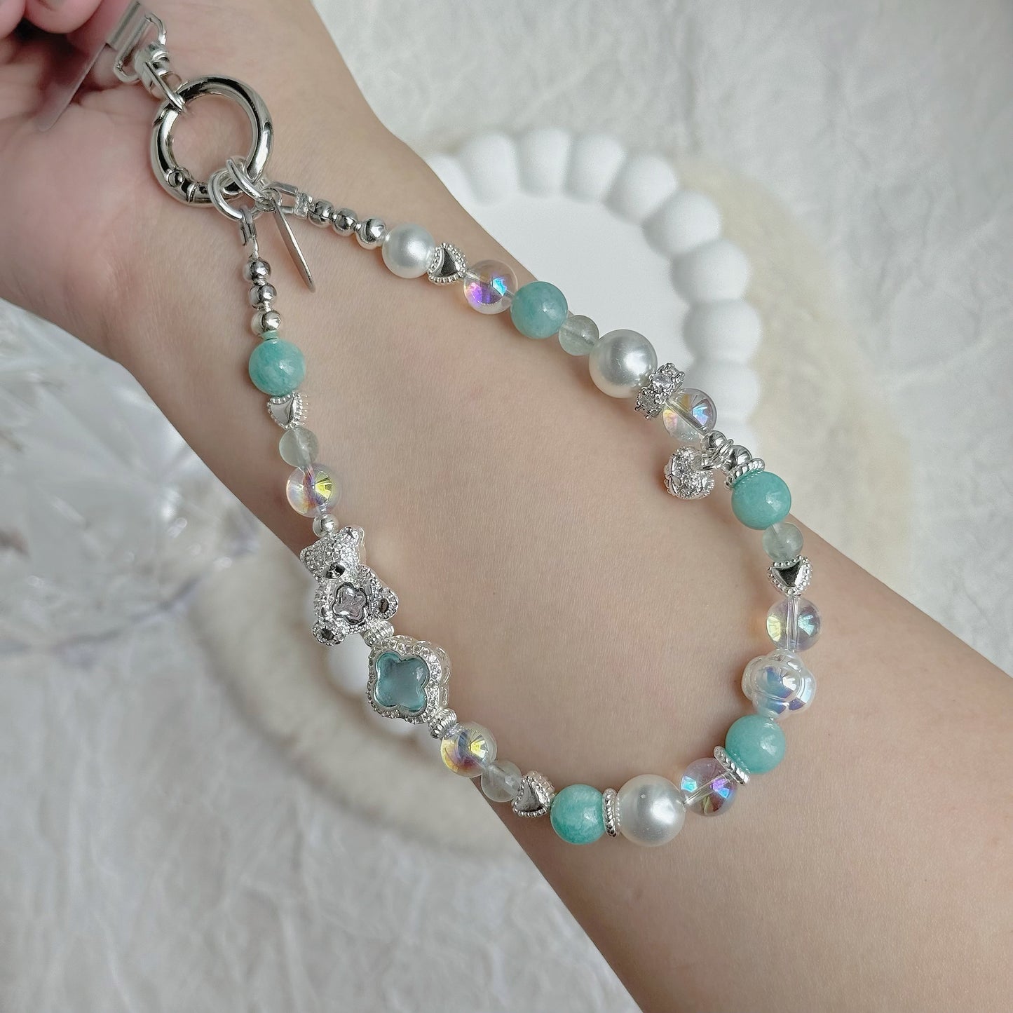 [Mini:13cm] Merry Bear in Amazonite, Green Fluorite & White Faux Pearl