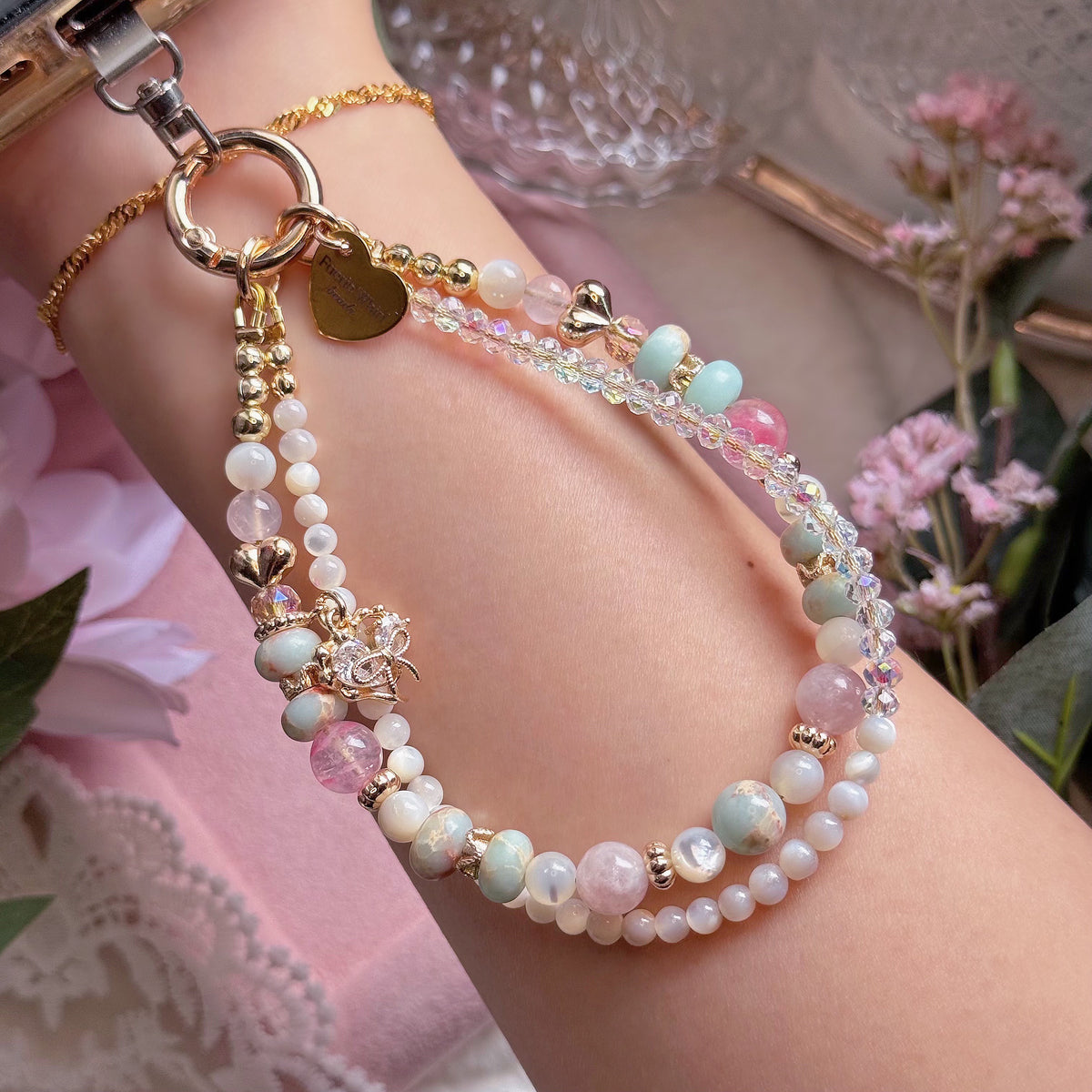 [Mini: 12cm] SWEETHEART in Aqua Terra Jasper, Sakura Rhodonite, Pink Lepidolite, Rose Quartz & Mother of Pearl