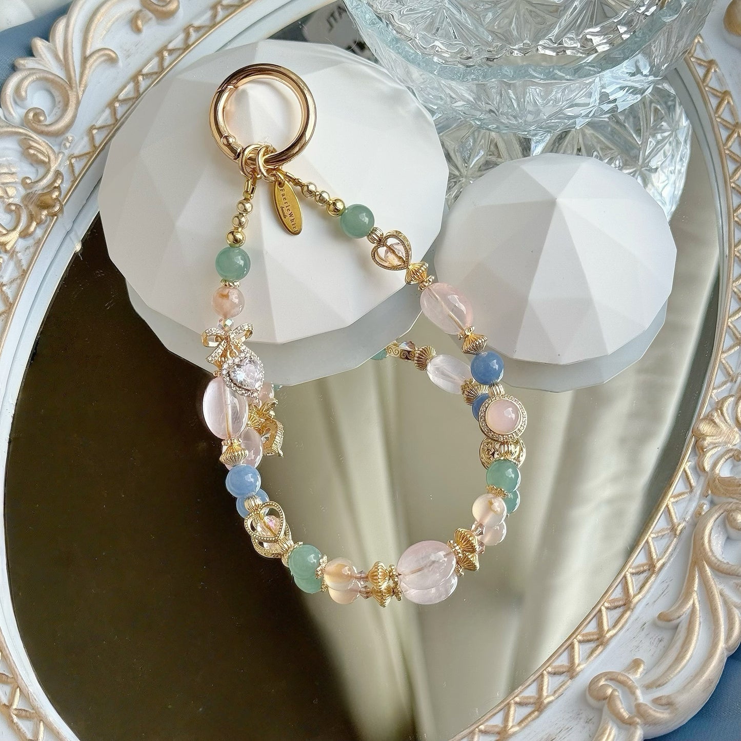 Elodie in Jelly Rose Quartz, Blue Aventurine, Blue-Green Aventurine & Flower Agate