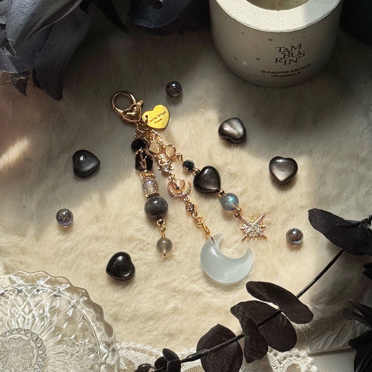 MISTY LUNA Dangle in Sliver Obsidian, Labradorite, Black Skeletal Sunstone, Smoky Quartz, Hematite