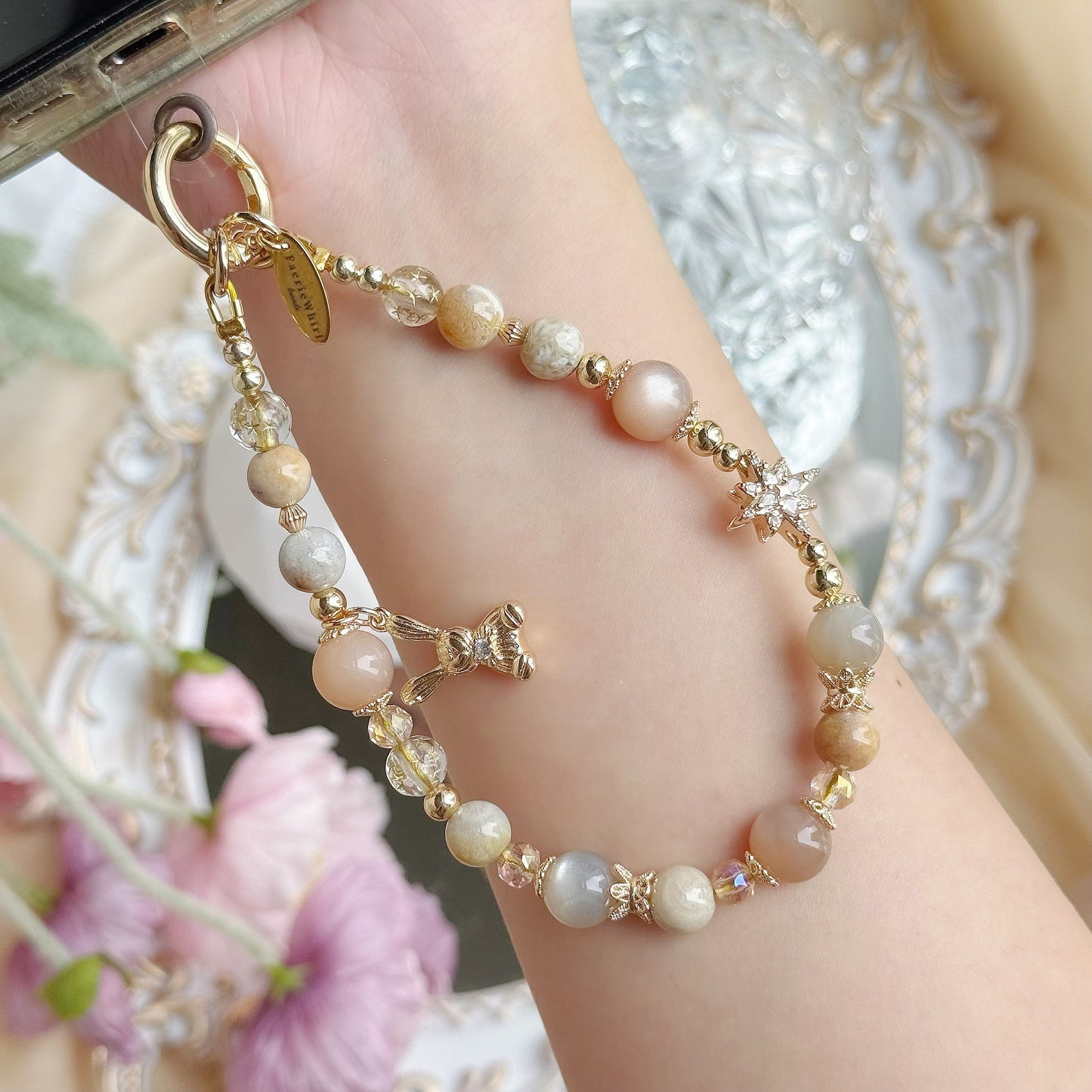 [Mini: 13cm] Peachlight Bunny in Peach Moonstone, Milk Tea Moonstone & Coral Jade