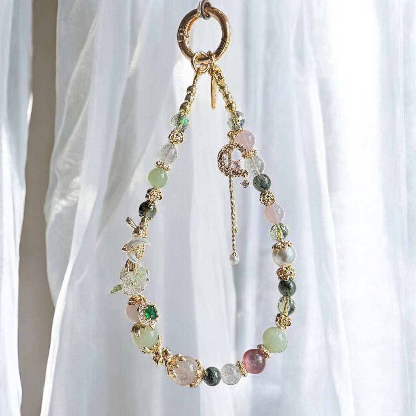 MoonBunny in White/Pink Rabbit Hair Rutile, Green Rutile, Green Chalcedony, Rose Quartz & Pink Lepidolite