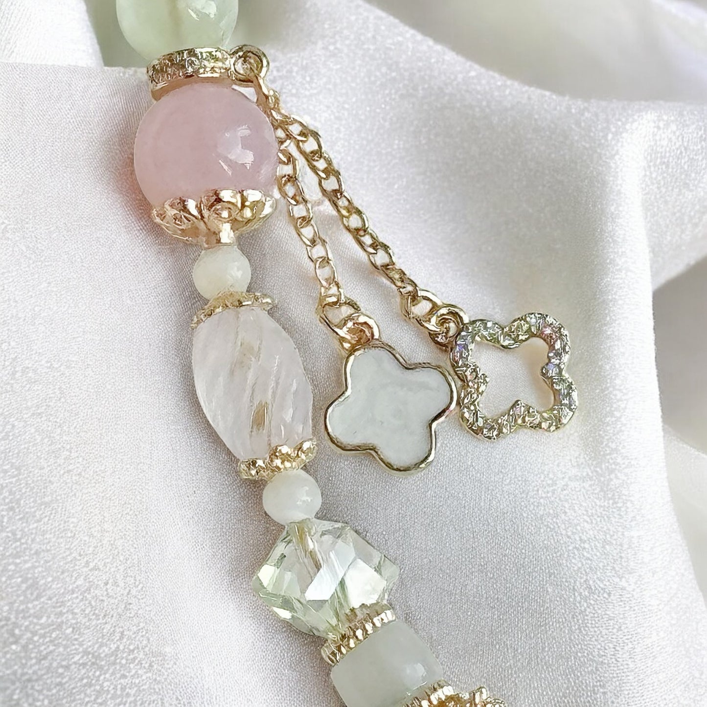 LIRAEL in Yan Yuan Agate, Rose Quartz, Prehnite, Green Aventurine, White Trochus