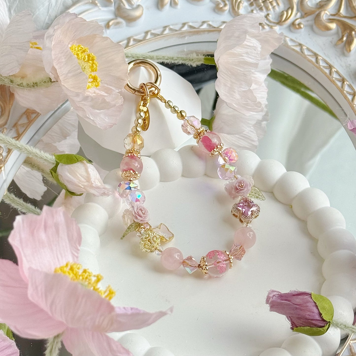 [Mini 12cm] Cherry Rose in Sakura Rhodonite, Rose Quartz & Clear Quartz