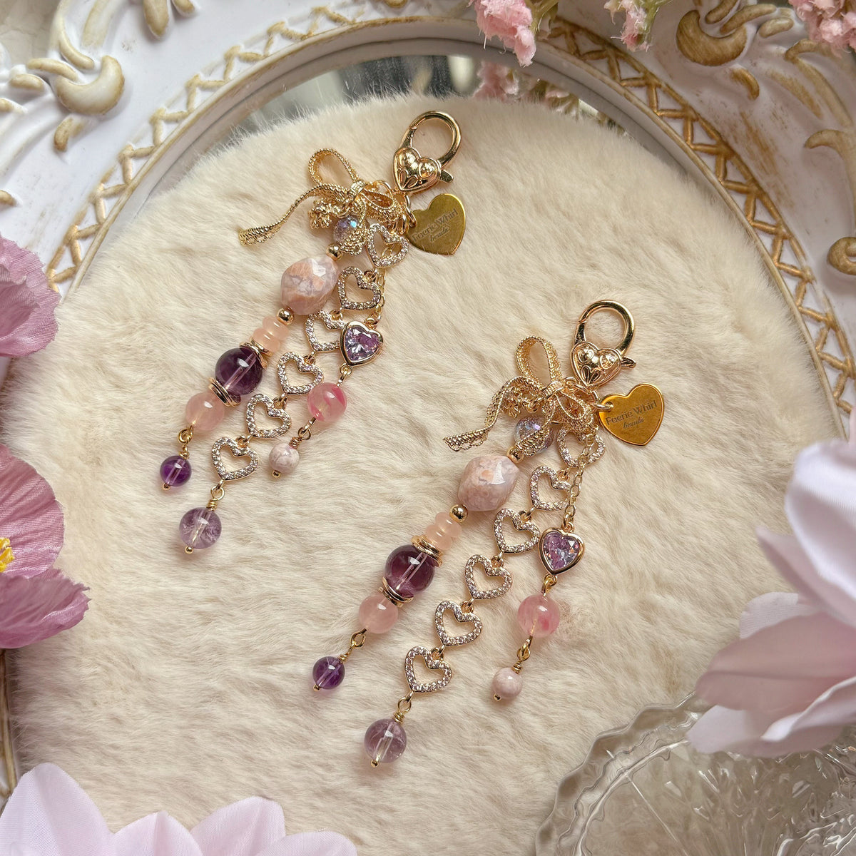GIRLY HEART Dangle in Amethyst, Flower Agate, Sakura Rhodonite & Rose Quartz