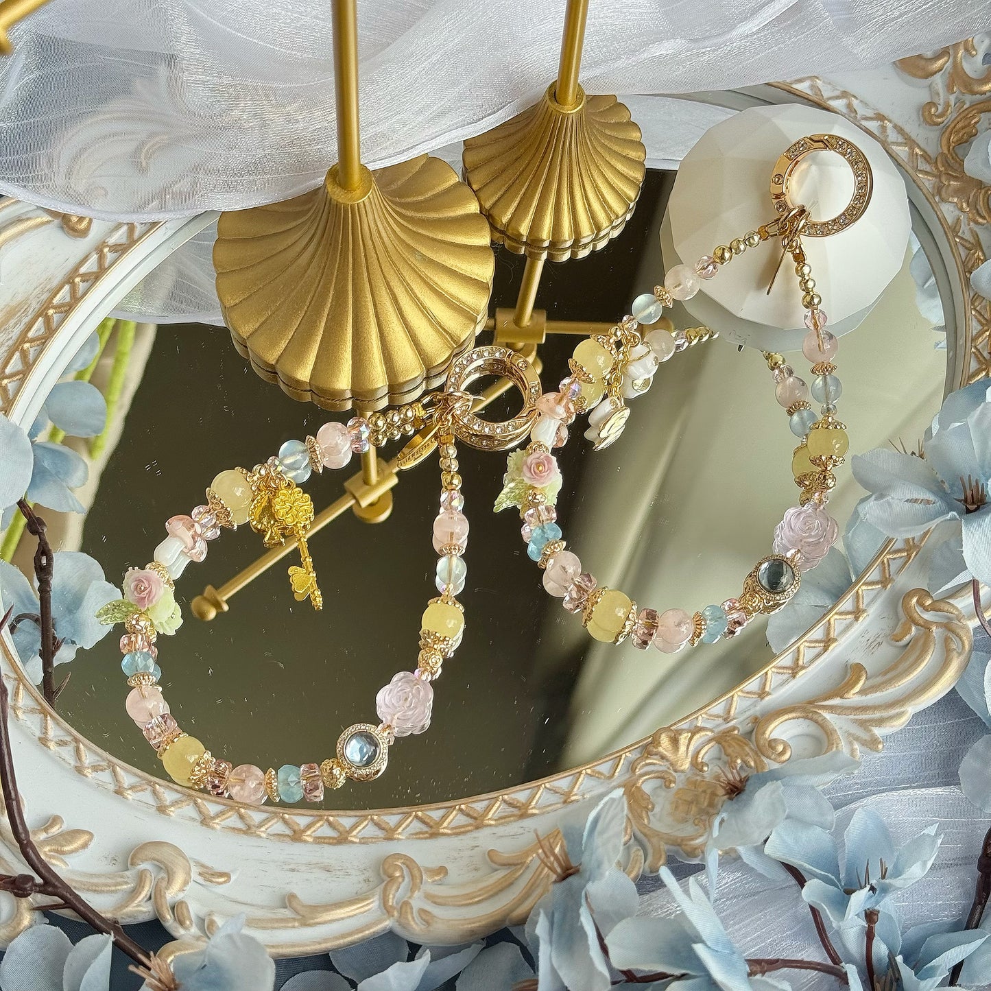 Alice's Tea Party in Clear Aquamarine, Pink Snow Phantom Quartz, Rose Quartz & Yellow Chalcedony