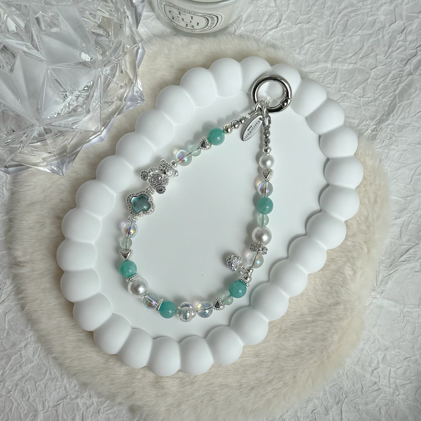 [Mini:13cm] Merry Bear in Amazonite, Green Fluorite & White Faux Pearl