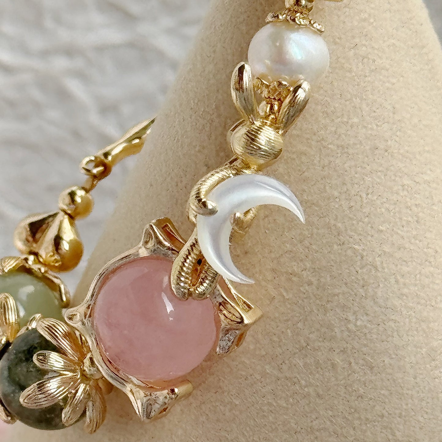 Bunny Eclipse in Rose Quartz, Green Phantom Quartz, Green Chalcedony, Freshwater Pearl, Mother of Pearl [WS: 14cm or 15cm]