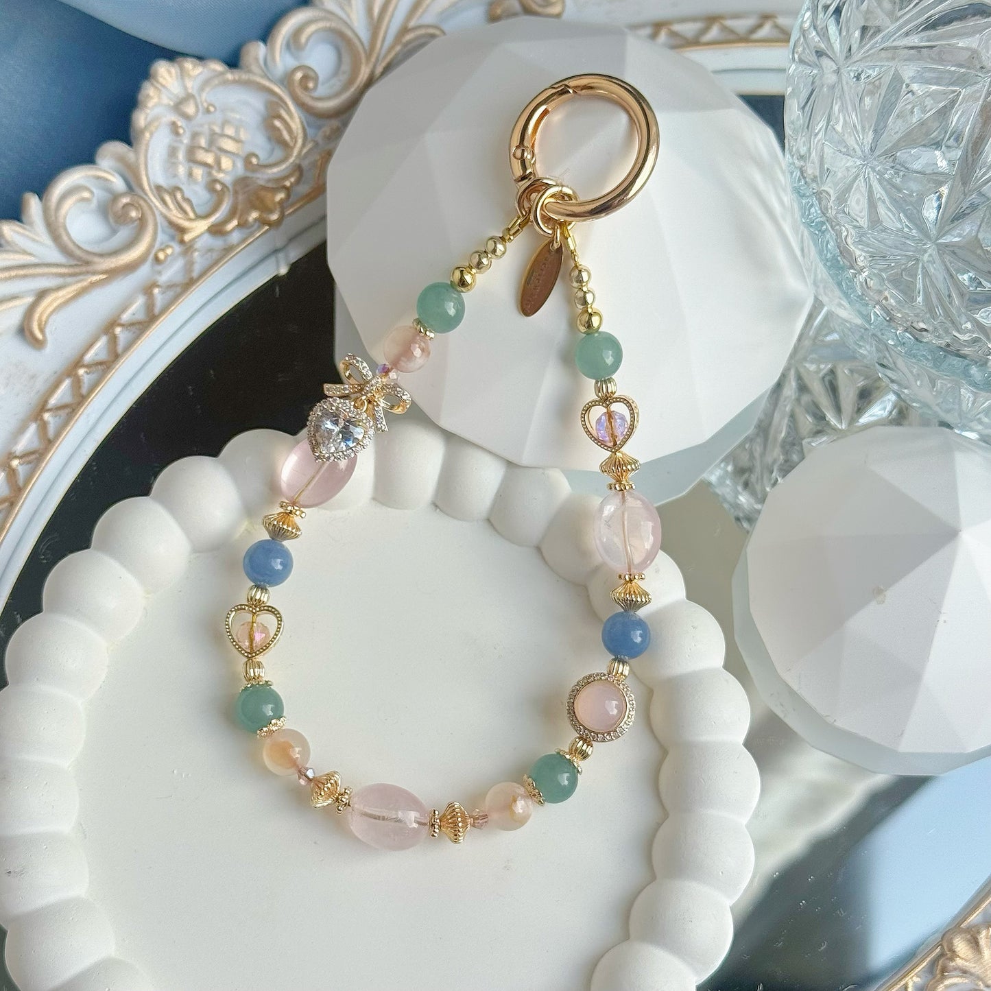 Elodie in Jelly Rose Quartz, Blue Aventurine, Blue-Green Aventurine & Flower Agate