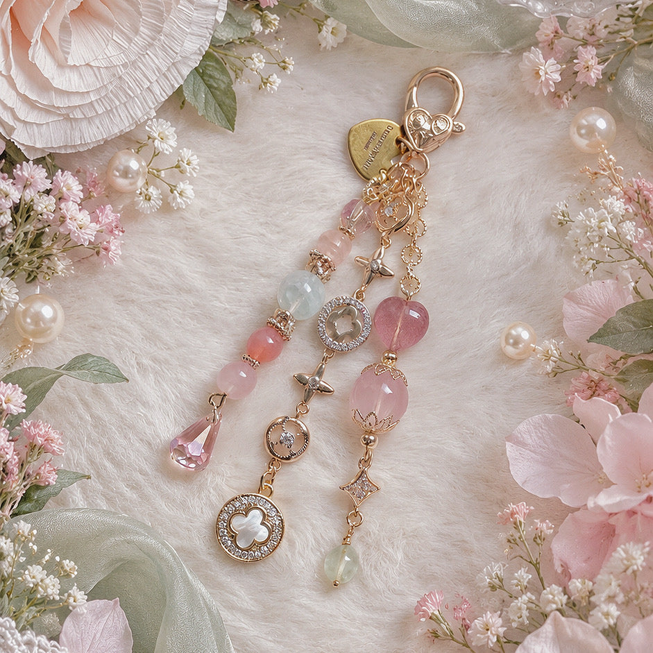 CLOVER BLOSSOM Dangle in Rose Quartz, Strawberry Quartz, Green Feather Fluorite, Prehnite & Yan Yuan Agate