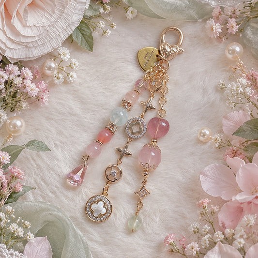 CLOVER BLOSSOM Dangle in Rose Quartz, Strawberry Quartz, Green Feather Fluorite, Prehnite & Yan Yuan Agate