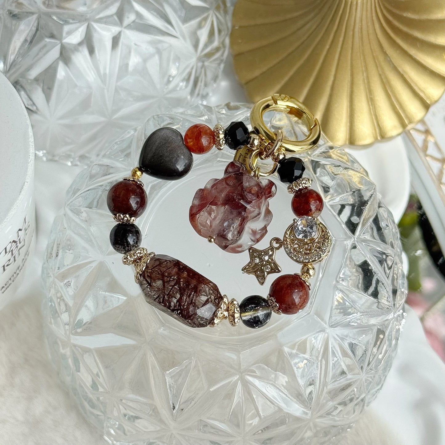 Amber Fire Nine-Tail in Red Rutile Quartz, Hematoid Quartz & Sliver Obsidian