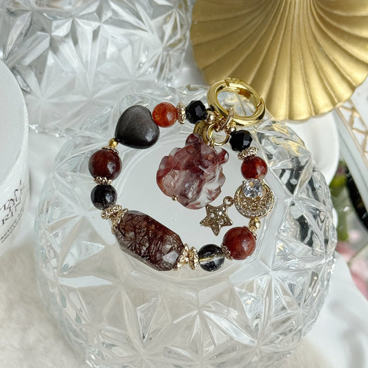 Amber Fire Nine-Tail in Red Rutile Quartz, Hematoid Quartz & Sliver Obsidian