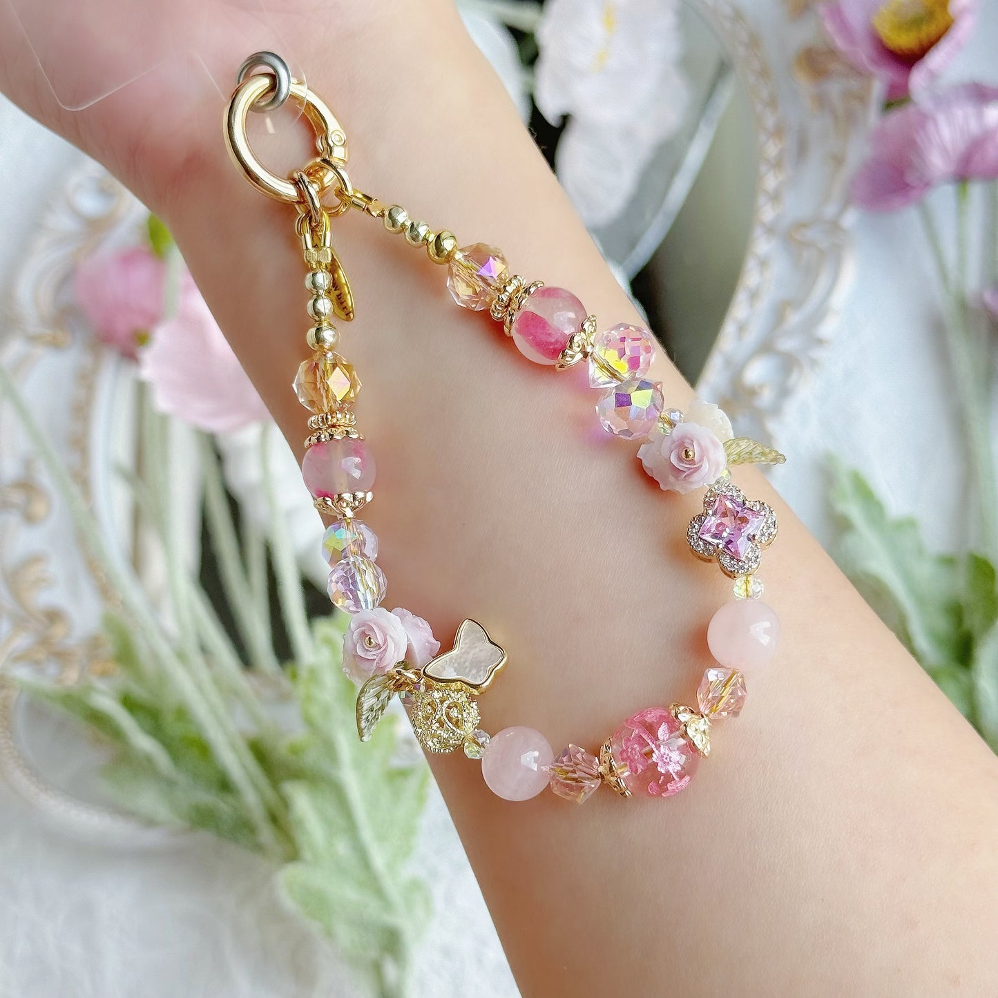 [Mini 12cm] Cherry Rose in Sakura Rhodonite, Rose Quartz & Clear Quartz