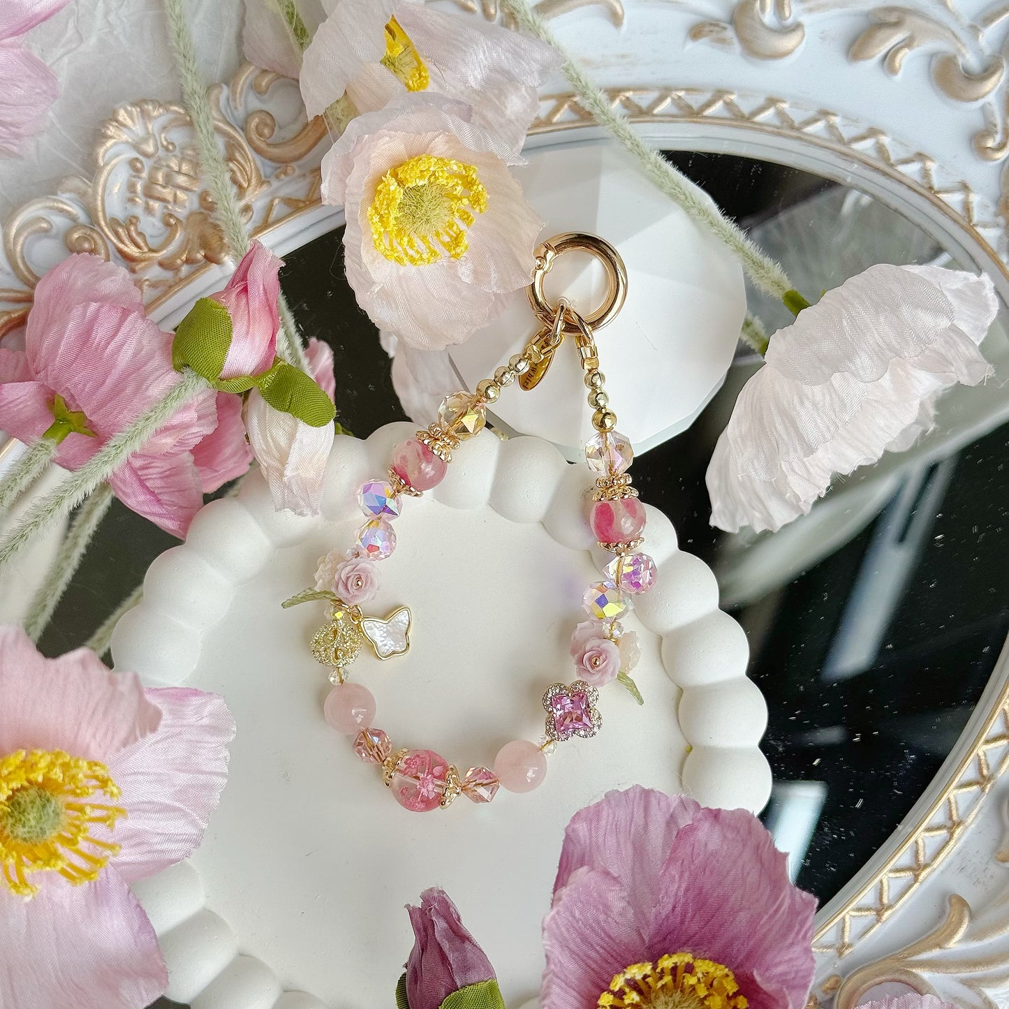 [Mini 12cm] Cherry Rose in Sakura Rhodonite, Rose Quartz & Clear Quartz