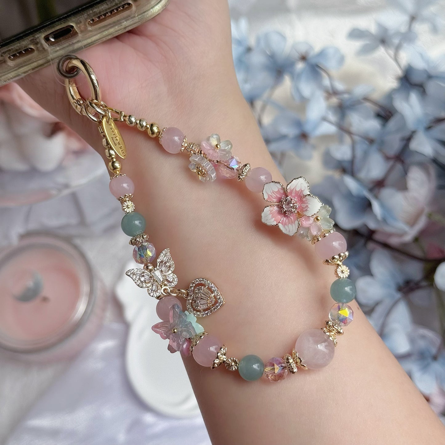 [Mini:13cm] Dahlia Floral in Rose Quartz & Blue-Green Chalcedony