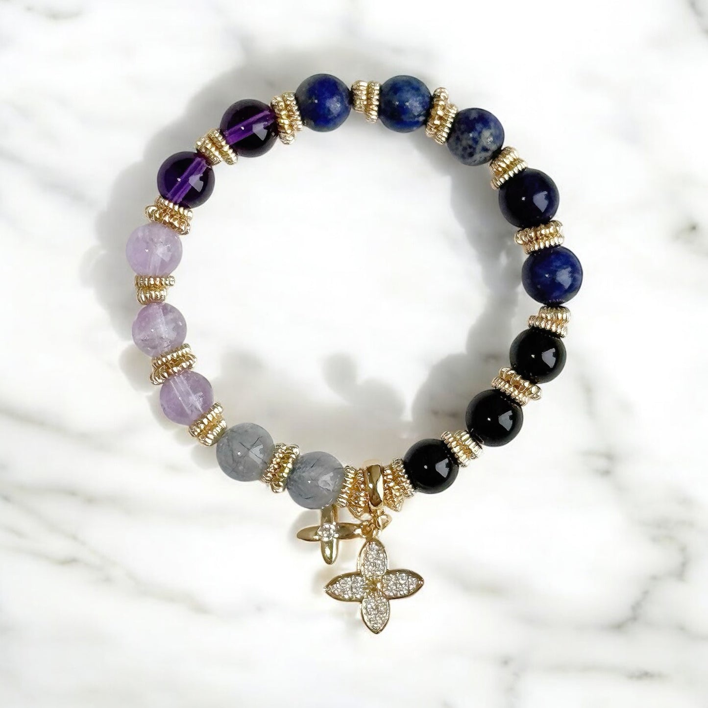 LIORA in Grey Rutile Quartz, Lavender Amethyst, Uruguay Amethyst, Lapis Lazuli, Sodalite &  Black Tourmaline [Wrist:15cm]