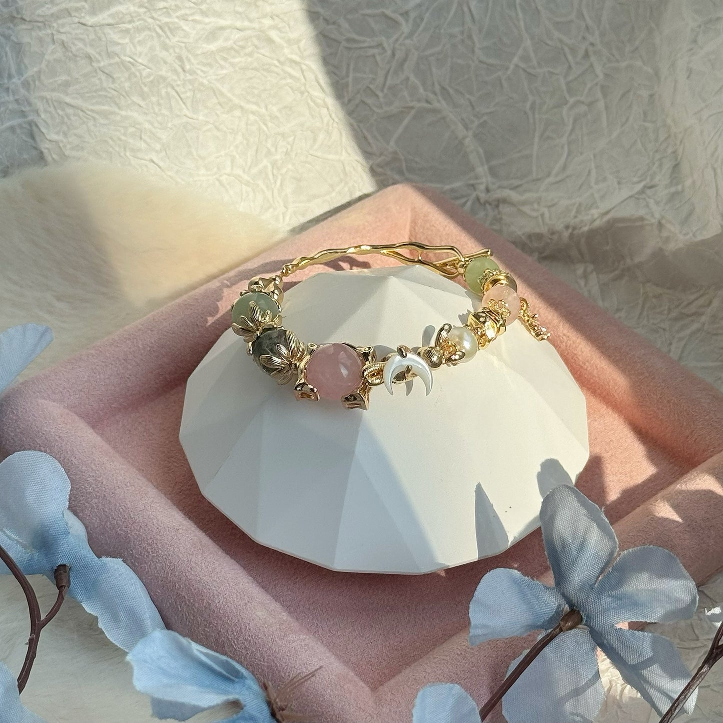 Bunny Eclipse in Rose Quartz, Green Phantom Quartz, Green Chalcedony, Freshwater Pearl, Mother of Pearl [WS: 14cm or 15cm]