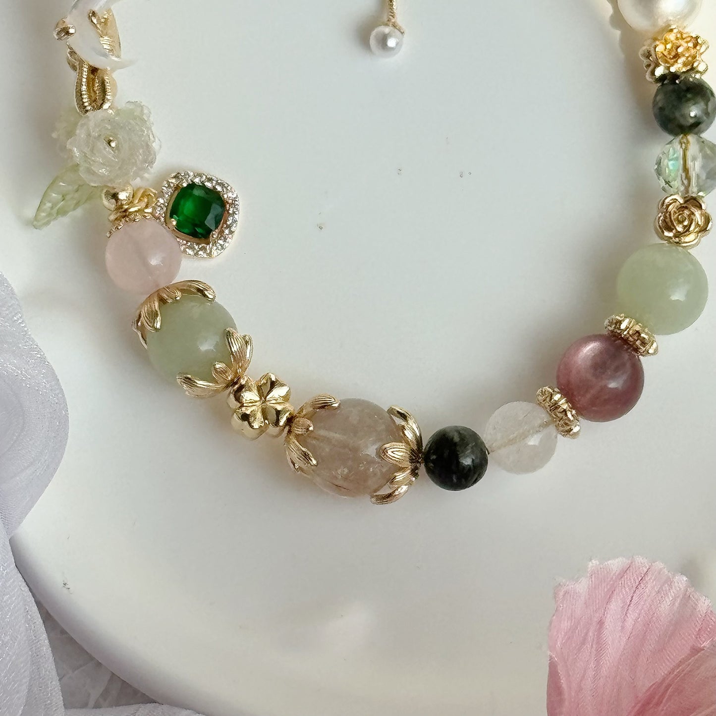 MoonBunny in White/Pink Rabbit Hair Rutile, Green Rutile, Green Chalcedony, Rose Quartz & Pink Lepidolite