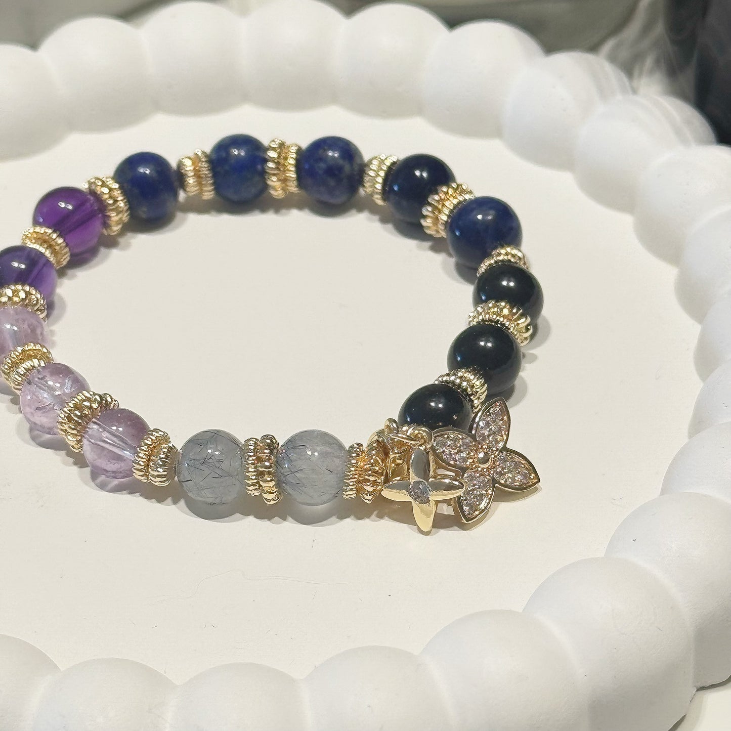 LIORA in Grey Rutile Quartz, Lavender Amethyst, Uruguay Amethyst, Lapis Lazuli, Sodalite &  Black Tourmaline [Wrist:15cm]
