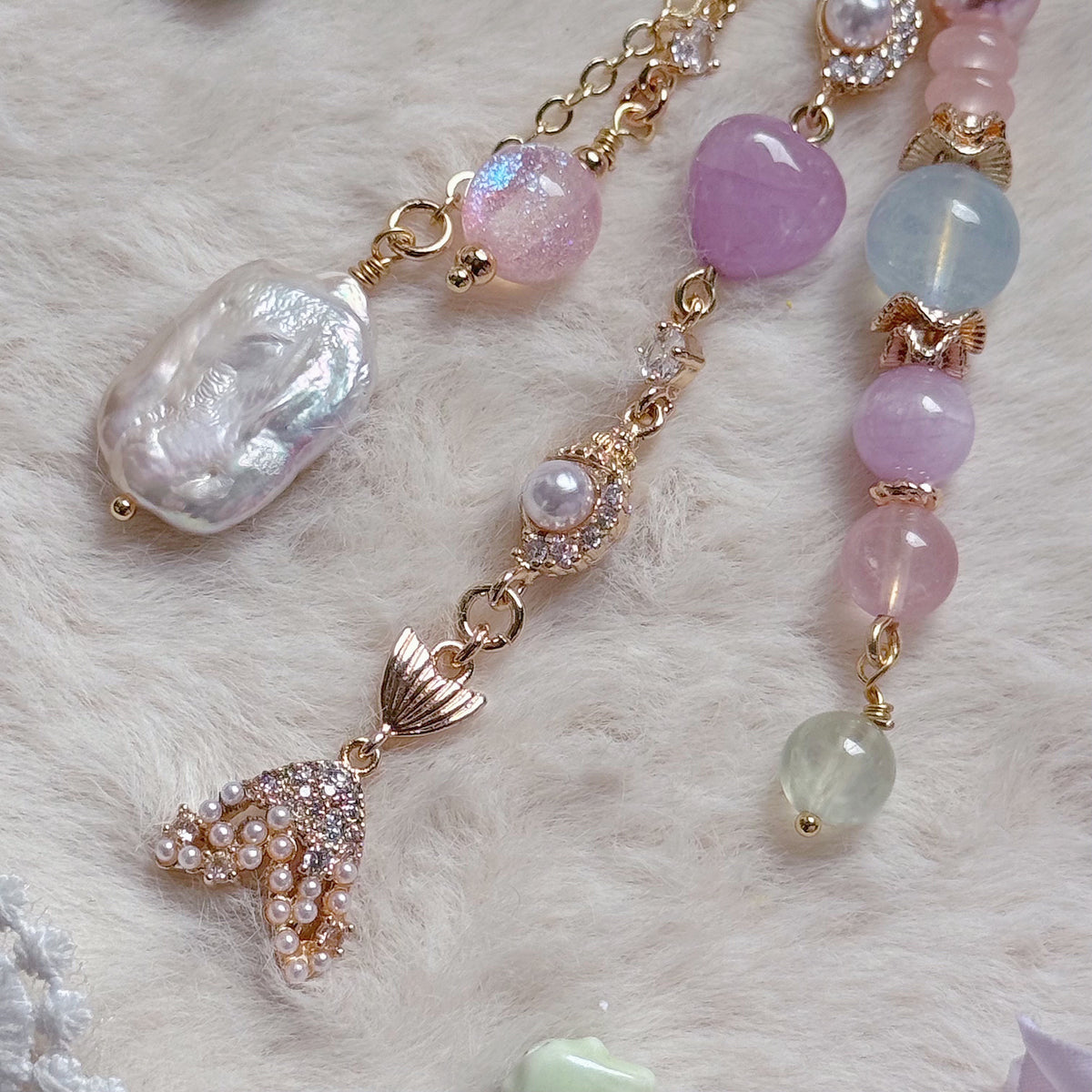 MERMIELLE Dangle in Aquamarine, Rose Quartz, Yan Yuan Agate, Kunzite, Prehnite & Freshwater Baroque Pearl