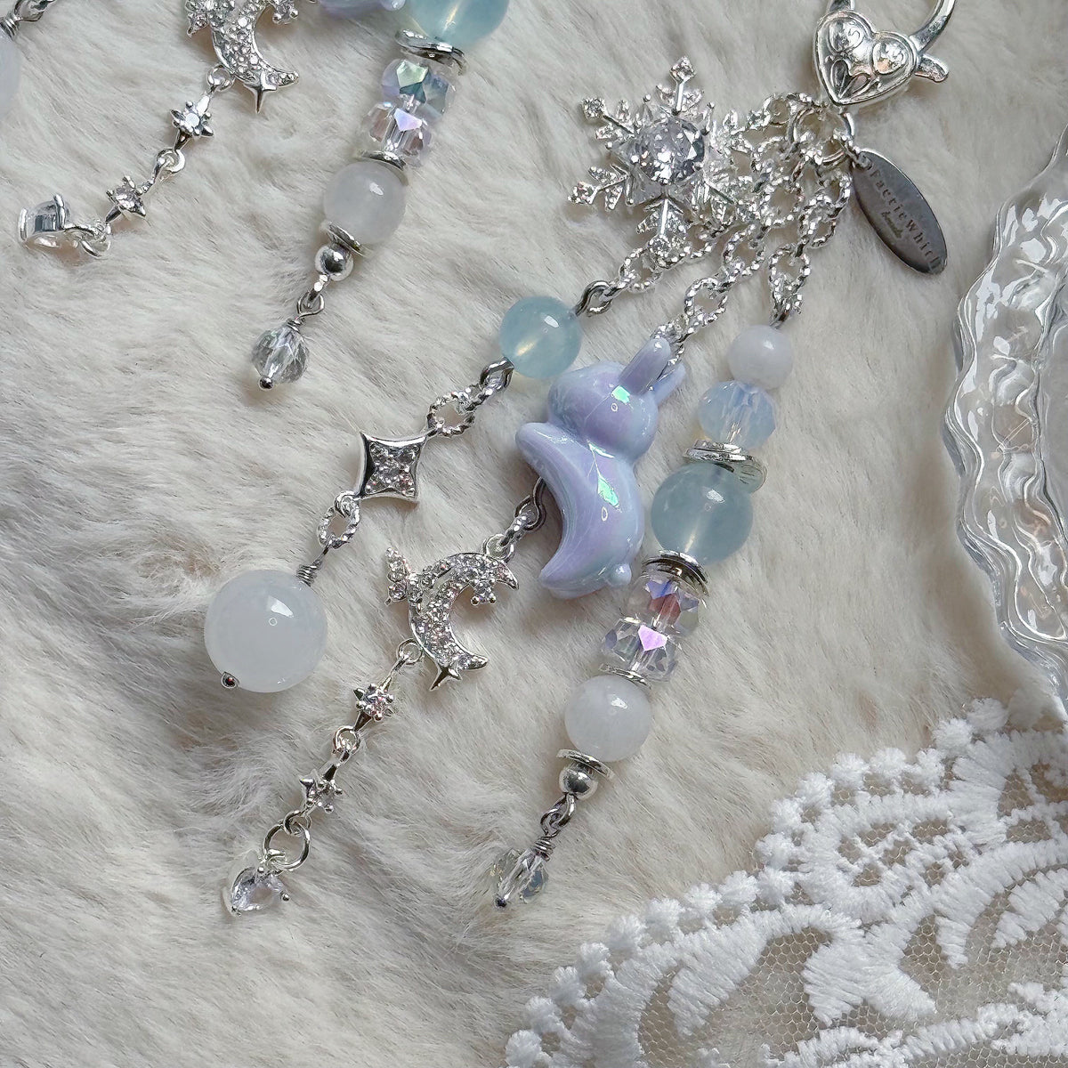 WINTER RABBIT Dangle in Aquamarine & White Jade
