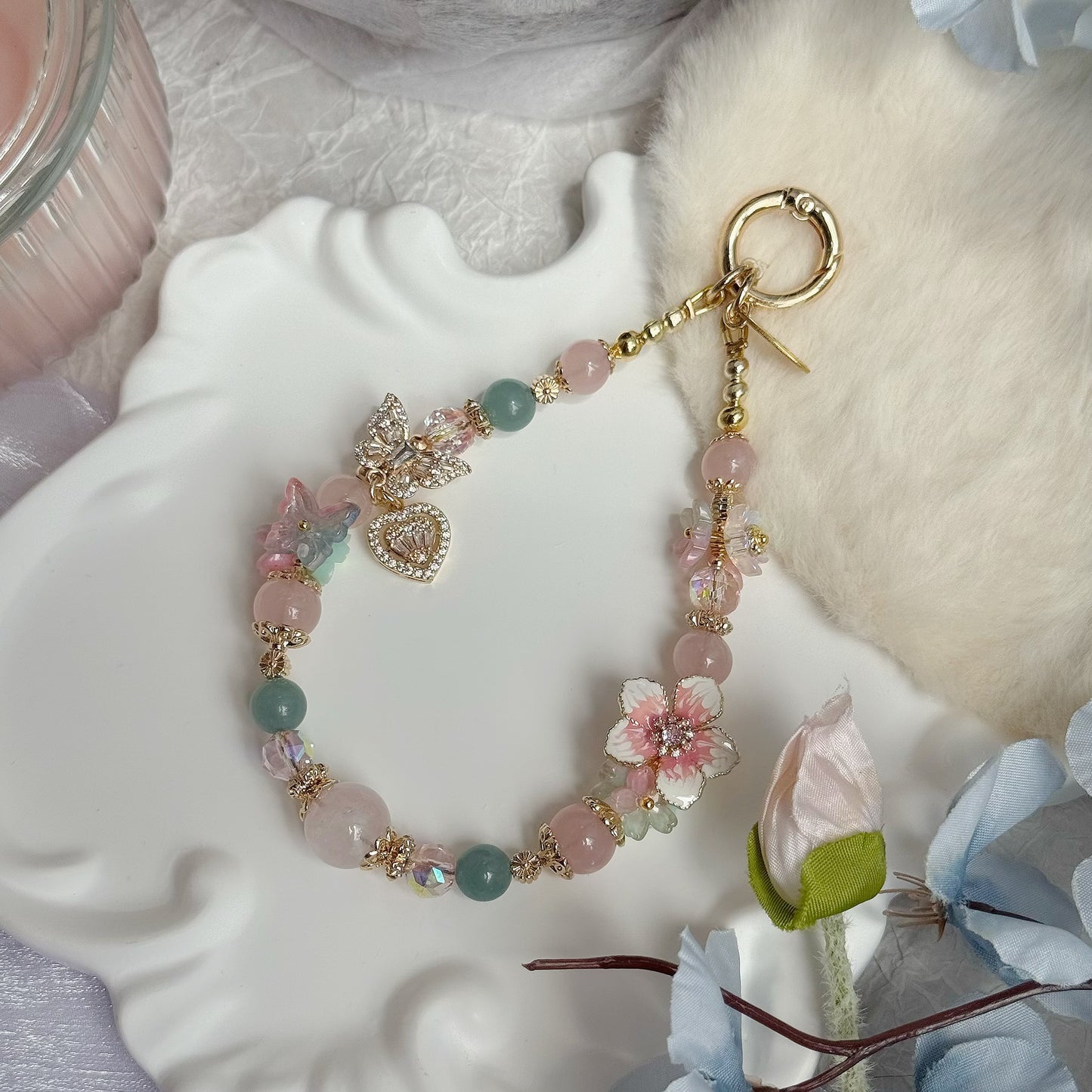 [Mini:13cm] Dahlia Floral in Rose Quartz & Blue-Green Chalcedony