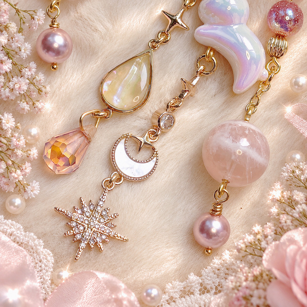 MOON MIFFY Dangle in Pink Snow Phantom Quartz & Rose Quartz