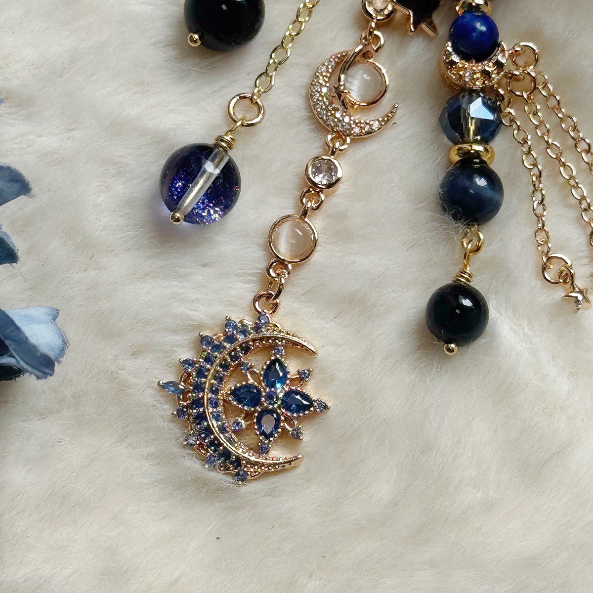 MYSTIC MOON Dangle in Black Tourmaline, Blue Tiger’s Eye & Lapis Lazuli