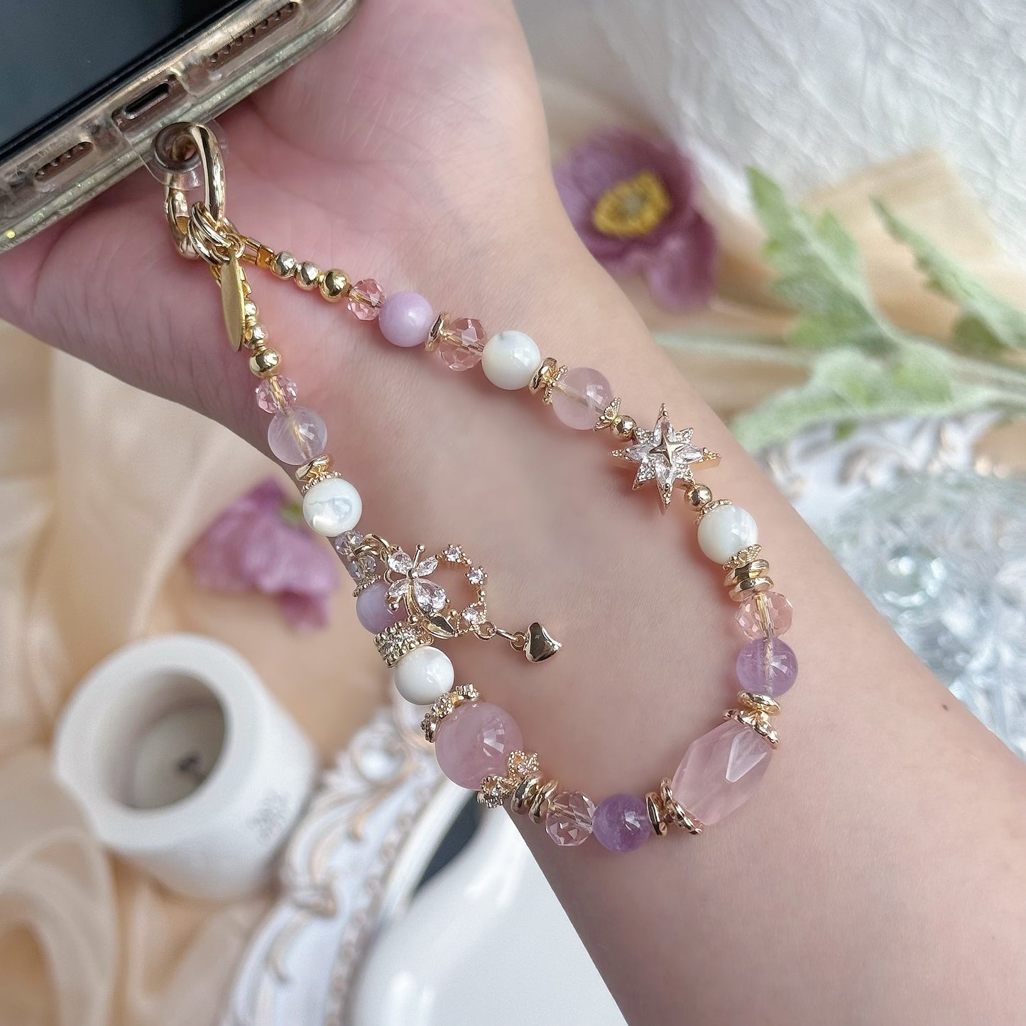 [Mini: 12.5cm] ELYSIA in Rose Quartz, Kunzite, Lavender Amethyst & White Trochus