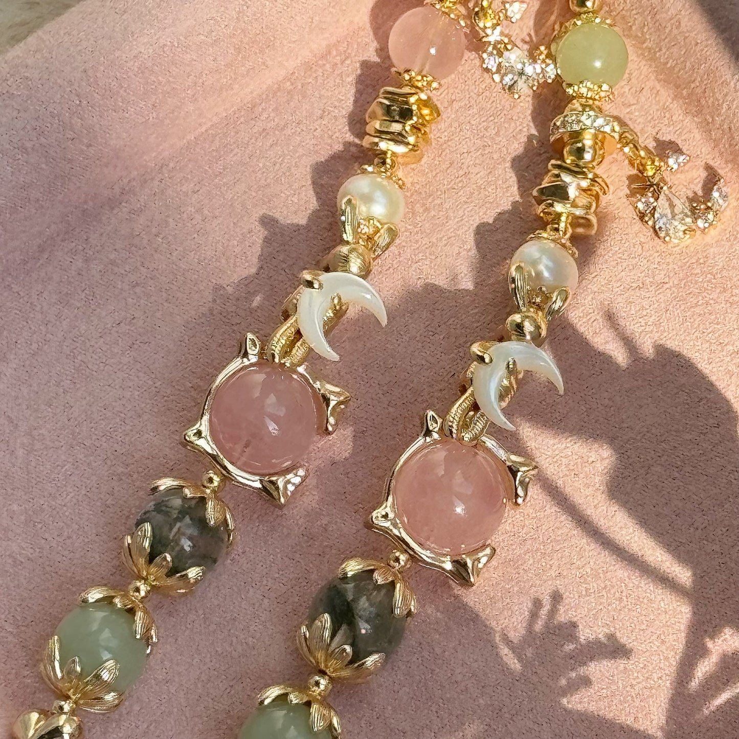 Bunny Eclipse in Rose Quartz, Green Phantom Quartz, Green Chalcedony, Freshwater Pearl, Mother of Pearl [WS: 14cm or 15cm]