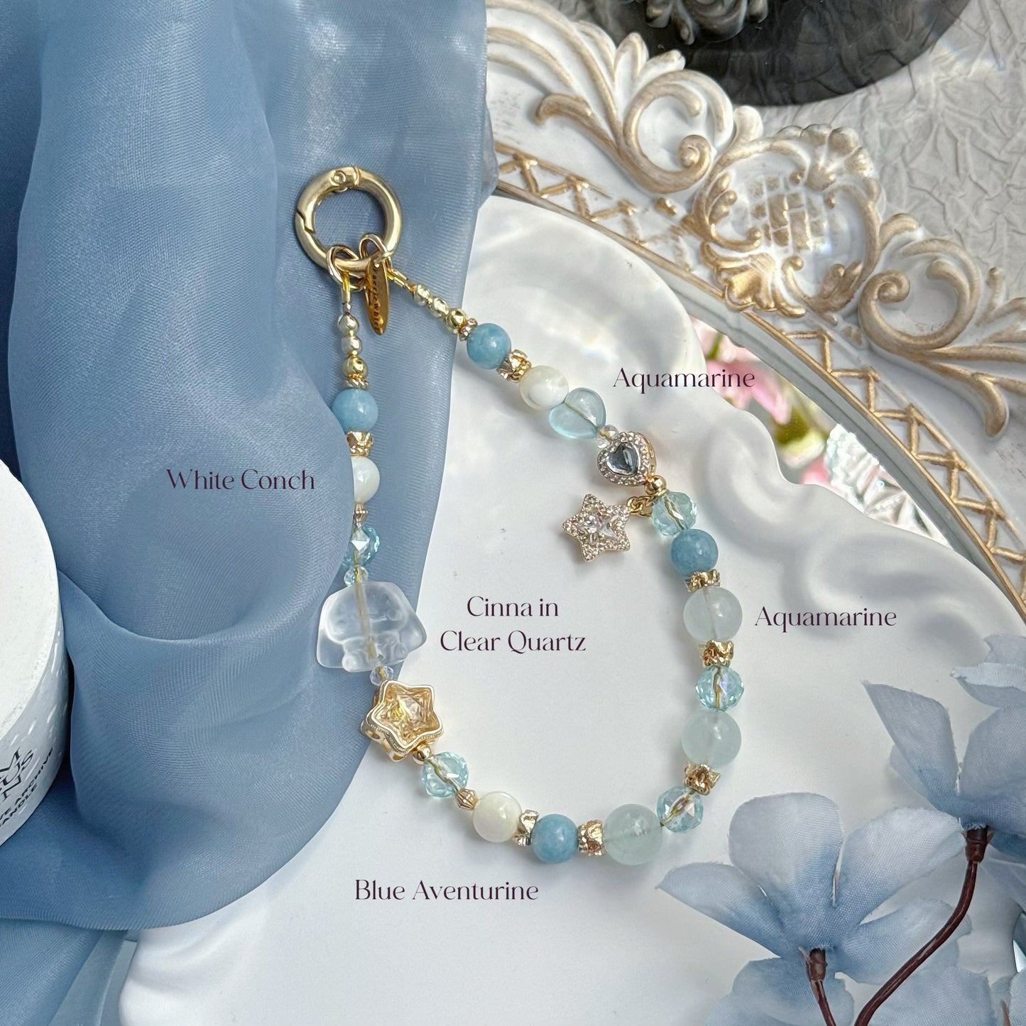 [Mini: 13.5cm] Starry Cinna in Clear Quartz, Aquamarine, Blue Aventurine & White Conch