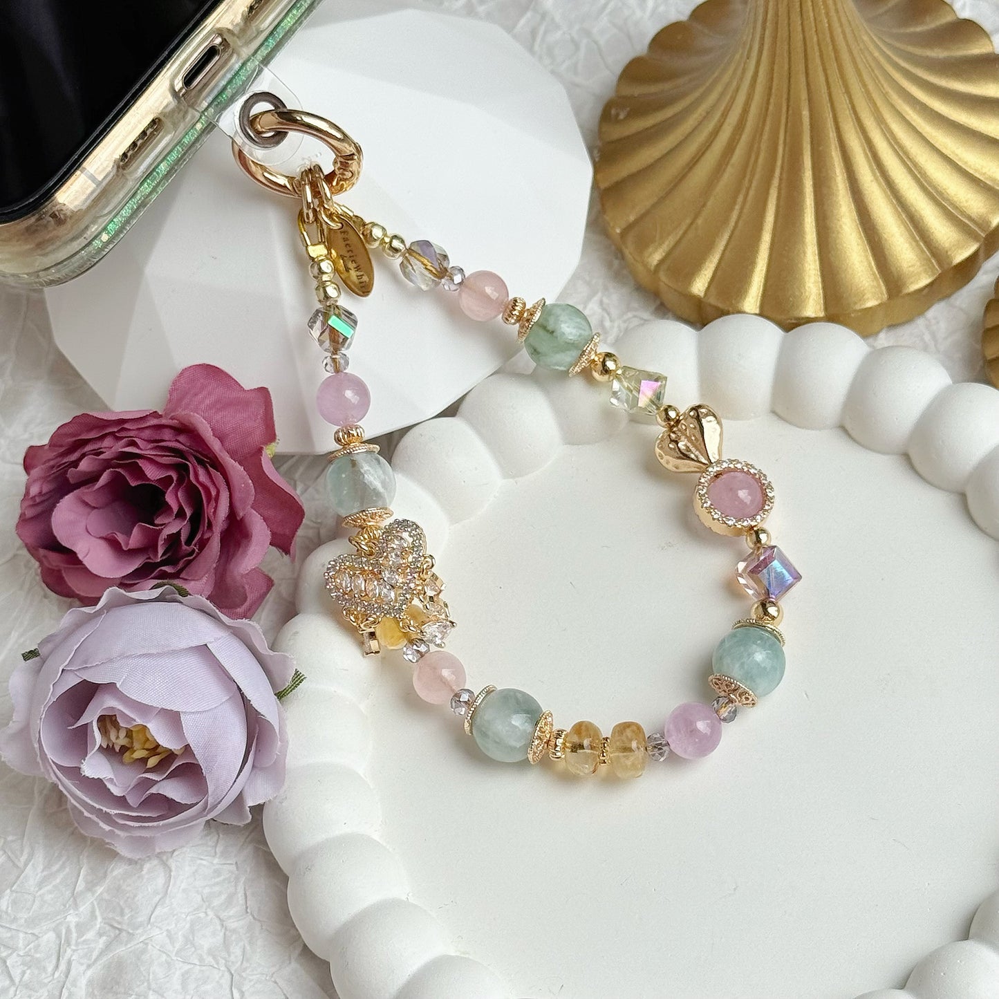 [Mini: 12.5cm] Wildberry Heart in Green Feather Fluorite, Kunzite, Citrine & Rose Quartz