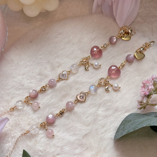 [WS: 13-18cm] HEART CUPID in Moonstone, Strawberry Quartz, Pink Lepidolite, White Snow Phantom, Freshwater Pearl & Rose Quartz