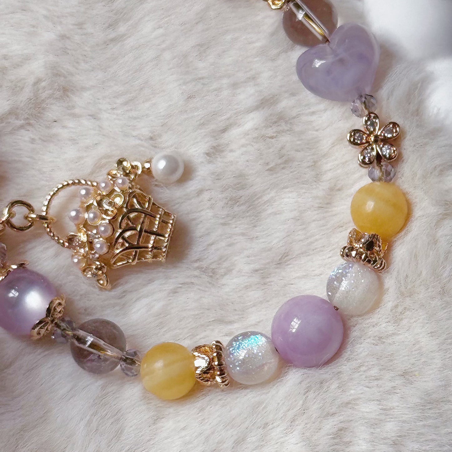 [Mini:13cm] FAERIE'S BASKET in Kunzite, Yellow Calcite, White Jade & Lavender Amethyst