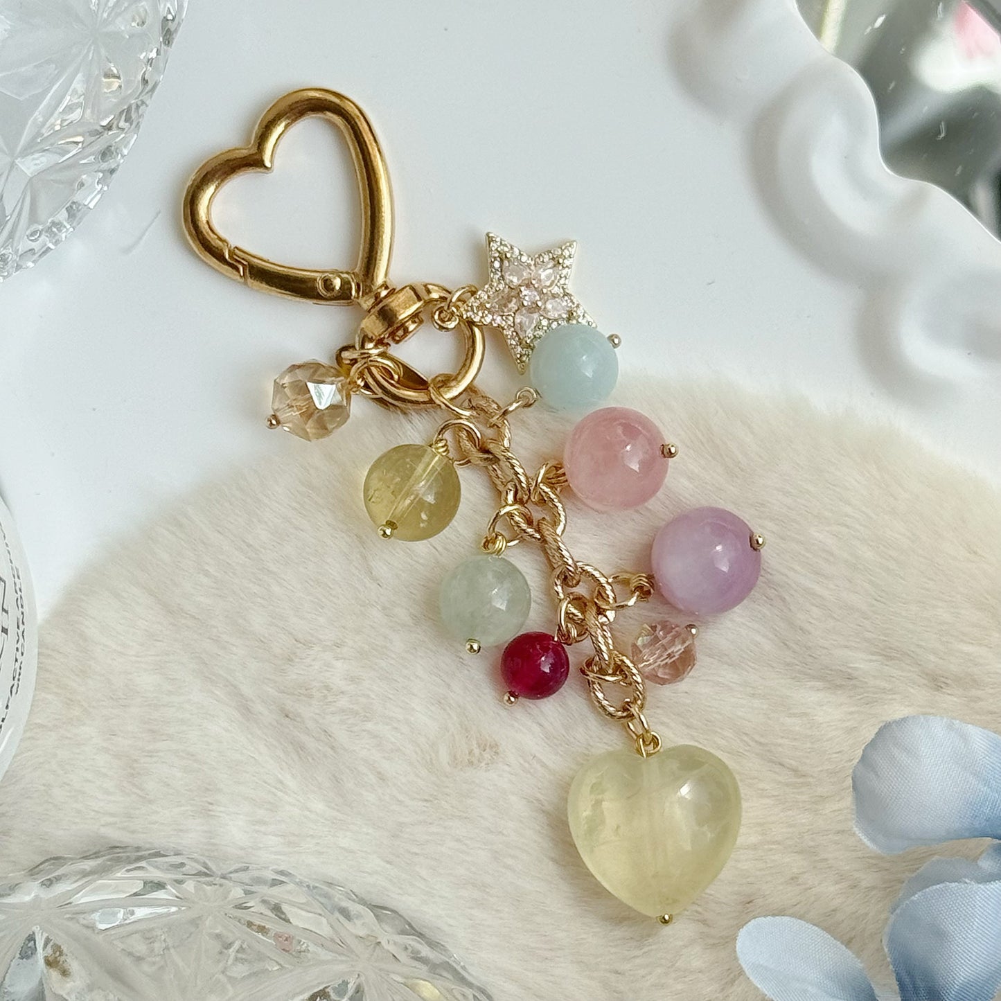 Pastel Heartfall Dangles in Lemon Citrine, Aquamarine, Brazil Citrine, Rose Quartz, Kunzite, Prehnite & Star Ruby