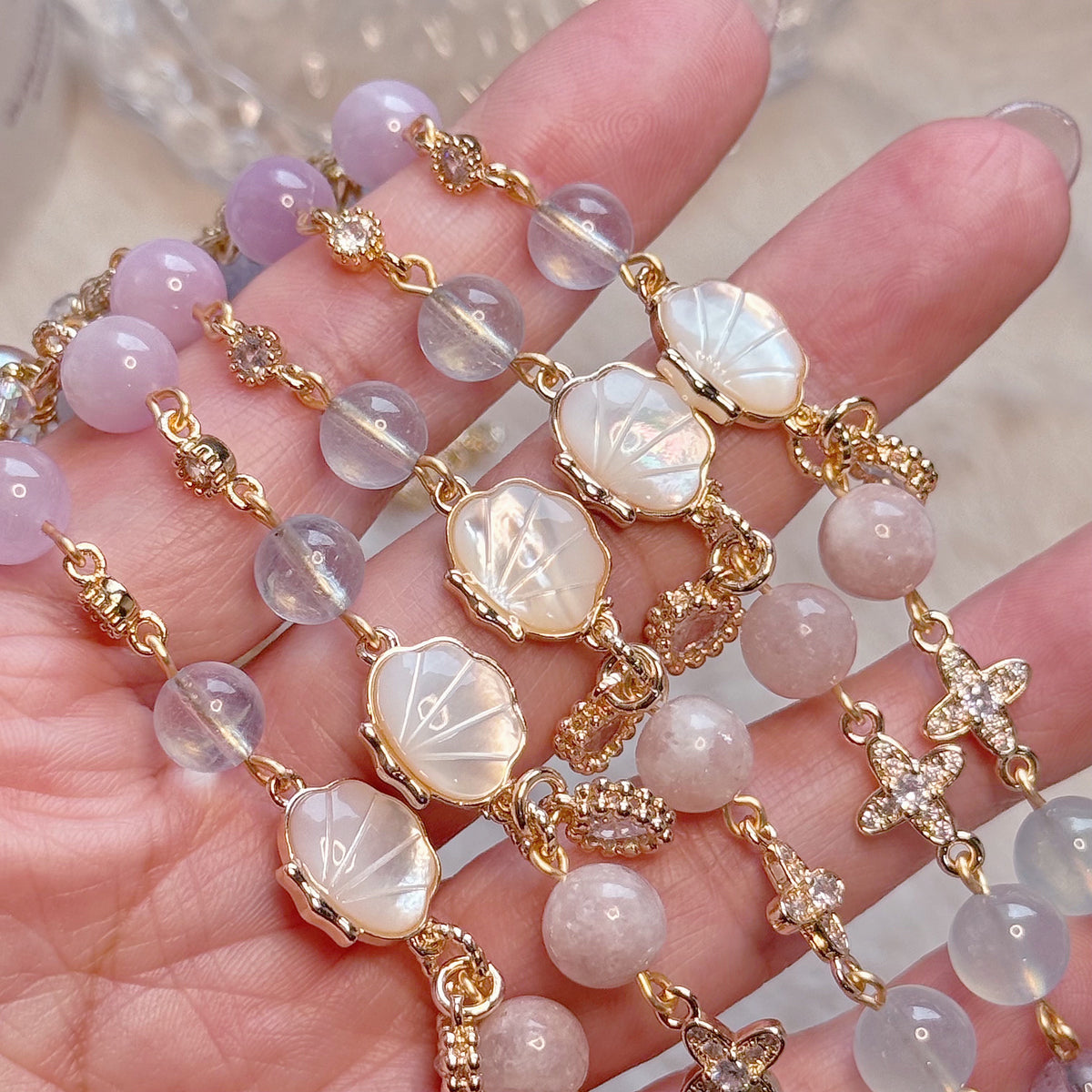 [WS: 14-18cm] OCEAN HUES in Aquamarine, Kunzite, Blue Rose Quartz, Rose Quartz, Pink Lepidolite, Lavender Amethyst & Freshwater Pearl