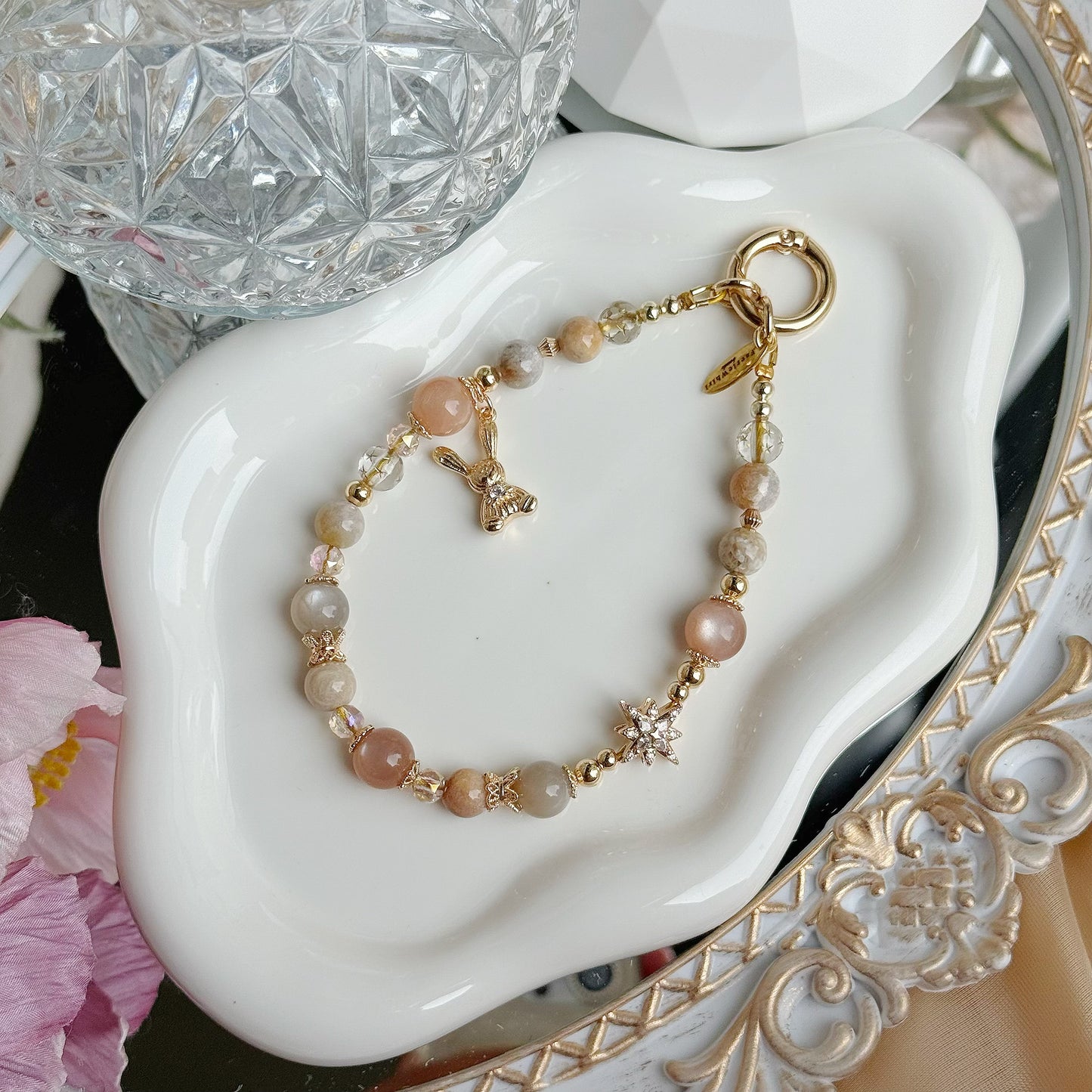 [Mini: 13cm] Peachlight Bunny in Peach Moonstone, Milk Tea Moonstone & Coral Jade