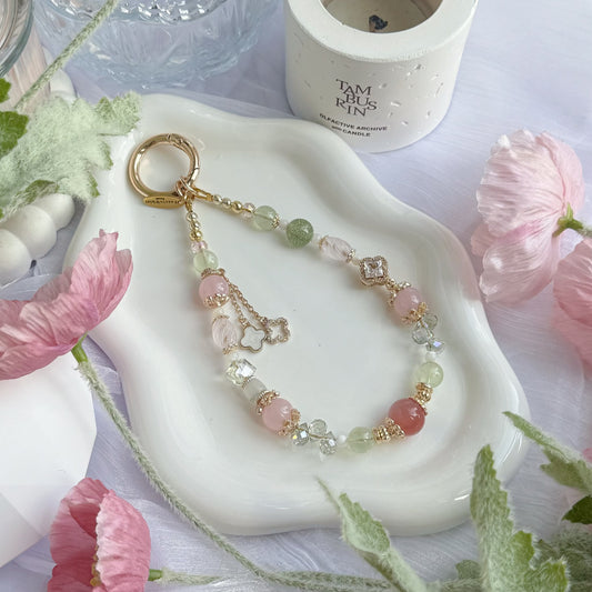 LIRAEL in Yan Yuan Agate, Rose Quartz, Prehnite, Green Aventurine, White Trochus