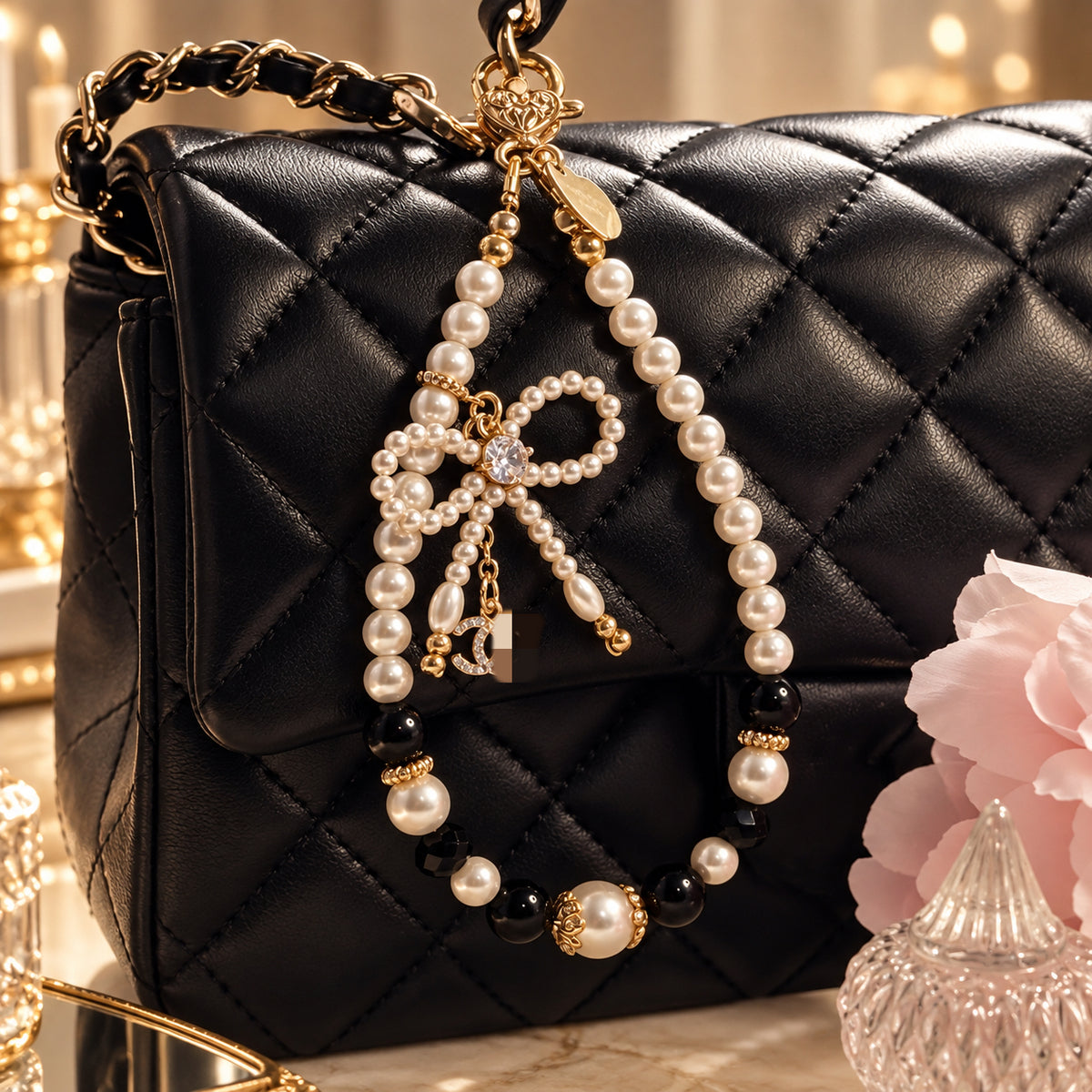 [Mini: 13cm] COCO Bow in Black Tourmaline & White Faux Pearls