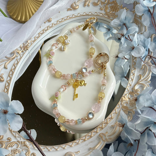 Alice's Tea Party in Clear Aquamarine, Pink Snow Phantom Quartz, Rose Quartz & Yellow Chalcedony