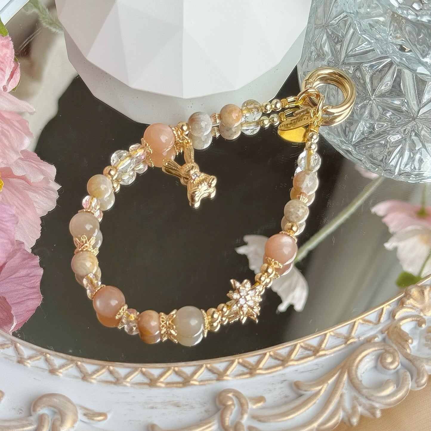 [Mini: 13cm] Peachlight Bunny in Peach Moonstone, Milk Tea Moonstone & Coral Jade