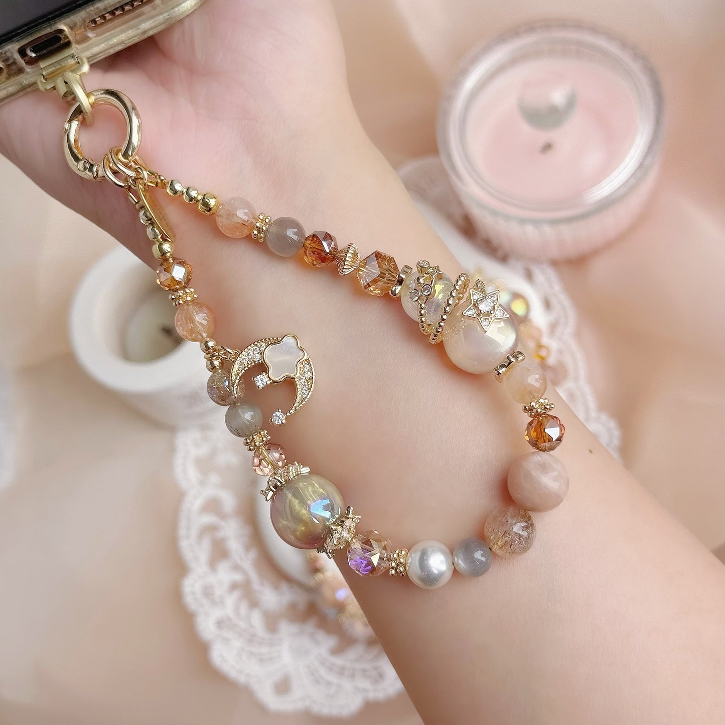 [Mini: 13.5cm] Nightshine in Red Gum Flower, Sunstone, Grey Moonstone & Black-Gold Super Seven