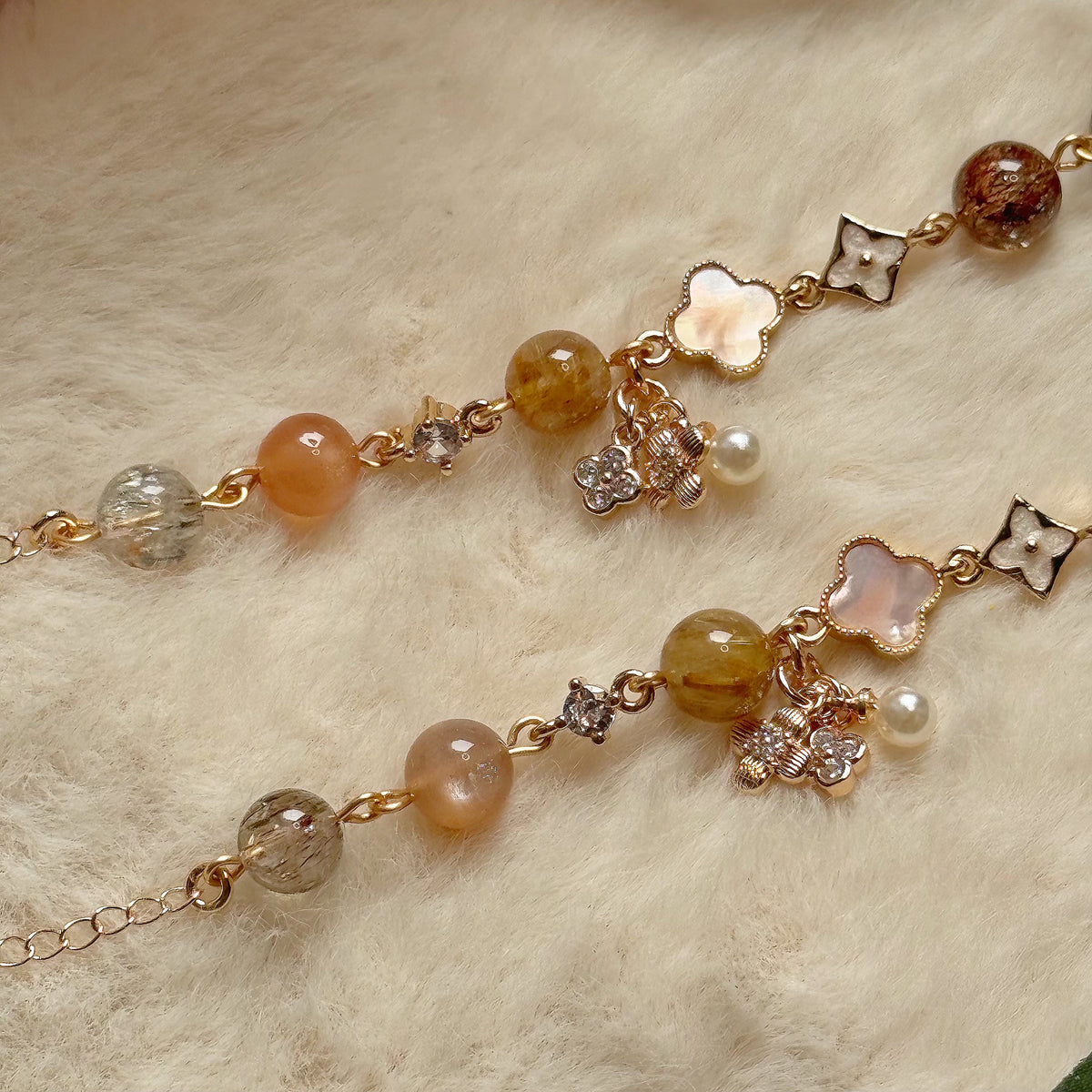 [WS: 13.5-18cm] CLOVERWISH in Black-Gold Super Seven, Golden Rutile Quartz, Brazil Citrine, Sunstone & Pyrite